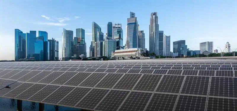 Solar panels in front of Singapore CBD skyline